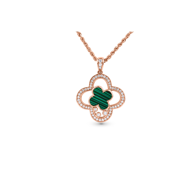 Pendentif Excellence trèfle double en Or jaune 750/1000, diamants & Malachite.