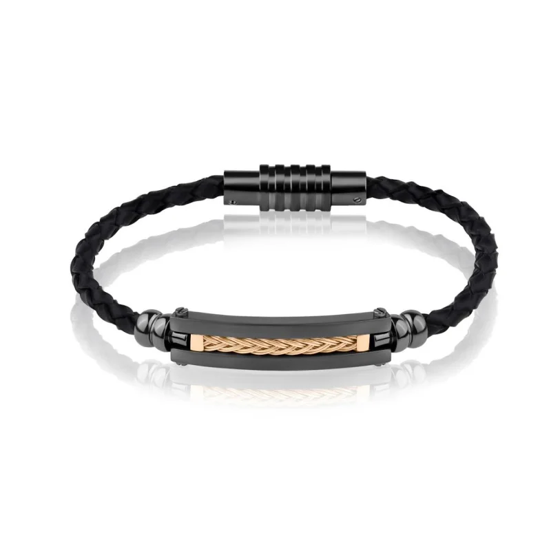 Bracelet Excellence Acier 316L PVD noir & cuir tressé Bracelet Excellence Acier 316L PVD noir & cuir tressé