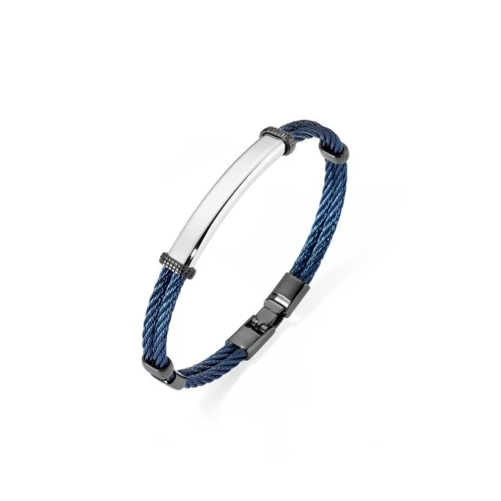 Bracelet Excellence acier 316L PVD bleu double câble tressé