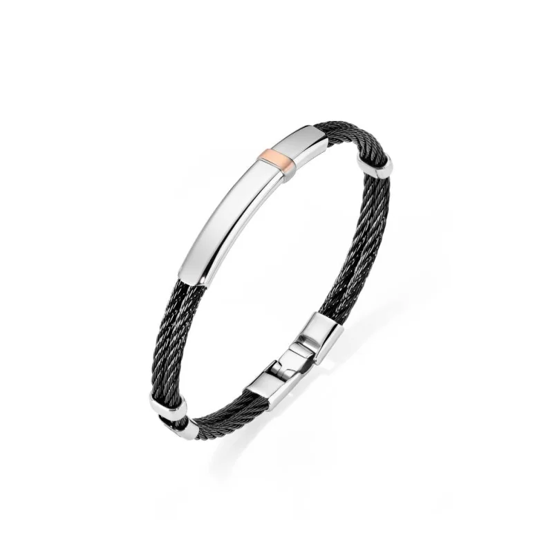 Bracelet Excellence acier 316L PVD noir double câble or 18K Bracelet Excellence acier 316L PVD noir double câble or 18K