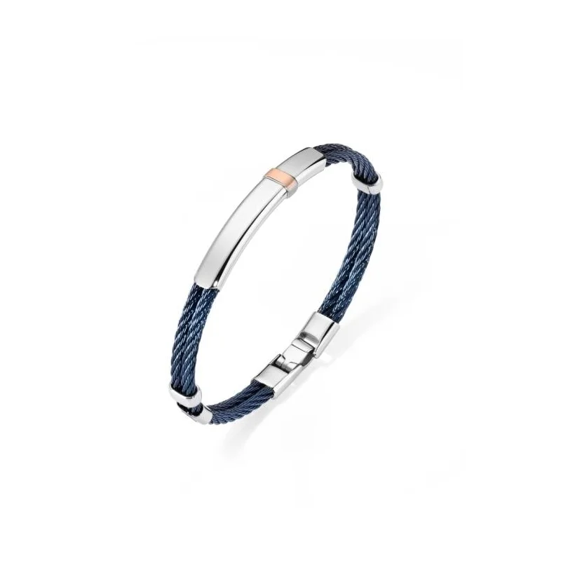 Bracelet Excellence en acier 316L PVD bleu double câble avec plaque en Or 18K Bracelet Excellence en acier 316L PVD bleu double câble avec plaque en Or 18K