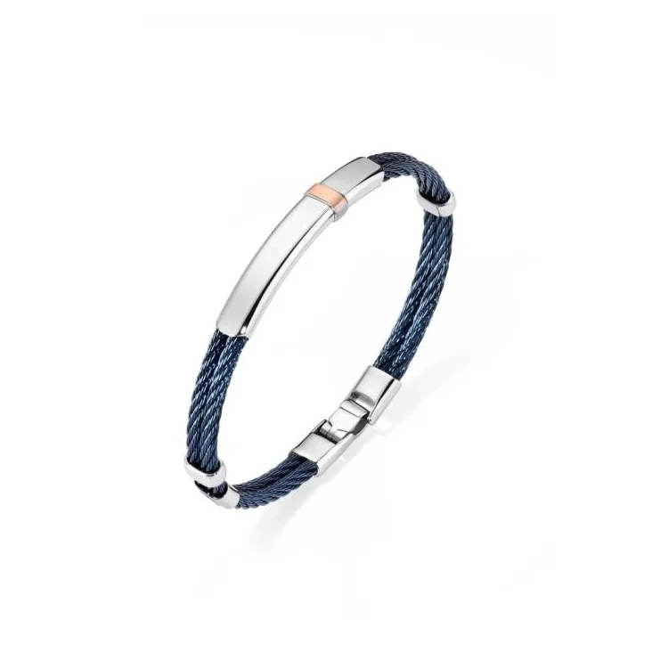 Bracelet Excellence en acier 316L PVD bleu, câble tressé double, or 18K