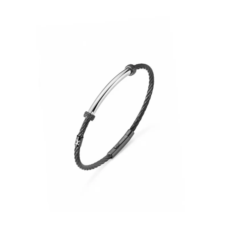 Bracelet Excellence en acier 316L PVD noir, câble tressé, pièce centrale polie miroir Medium Bracelet Excellence en acier 316L PVD noir, câble tressé, pièce centrale polie miroir Medium